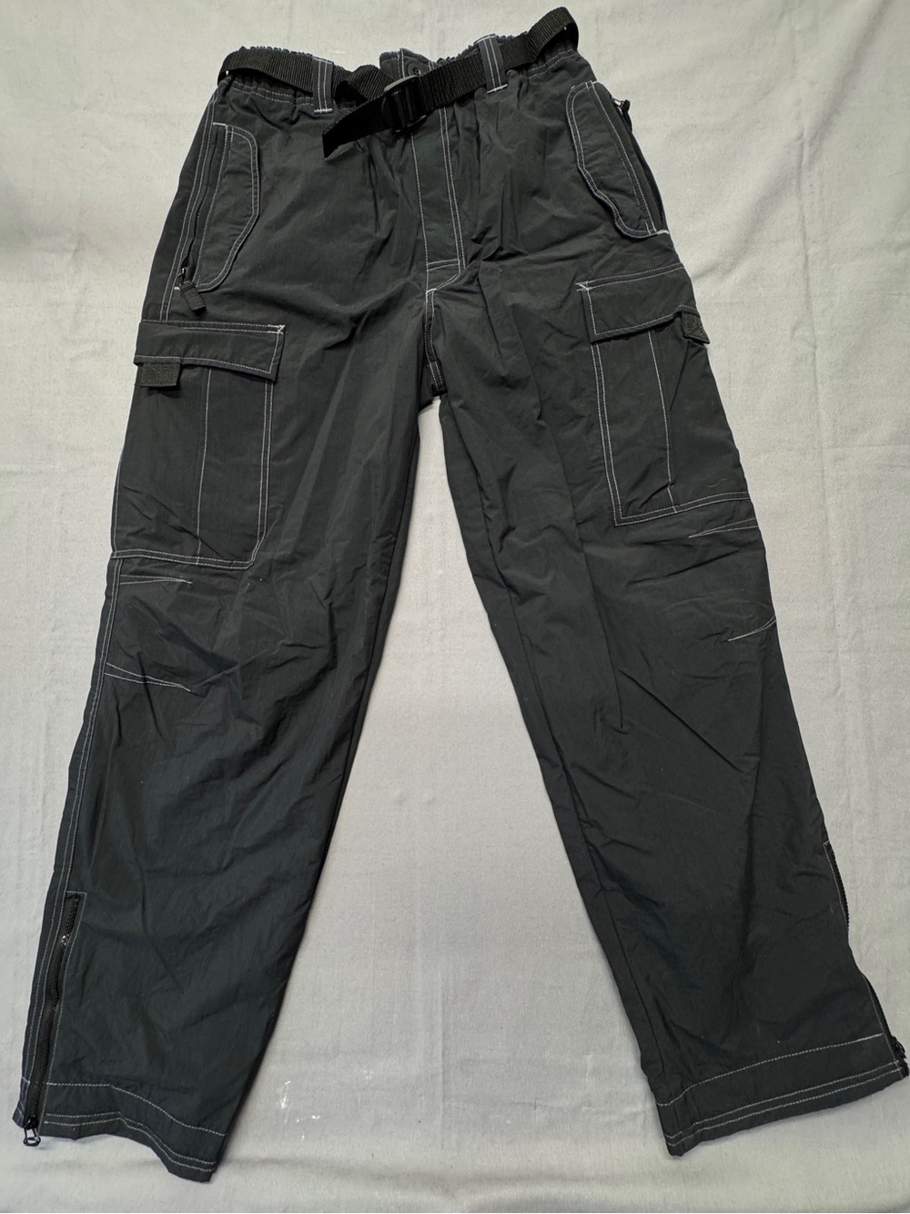 Men's Black Cargo Pants with Belted Waist and Contrast Stitching